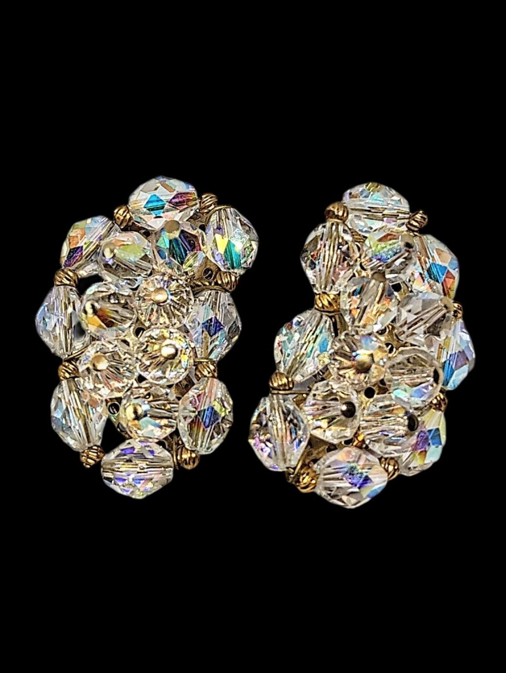 🆕 Vintage 60s Faceted AB Glass Austrian Crystal Gold Cluster Clip On Earrings